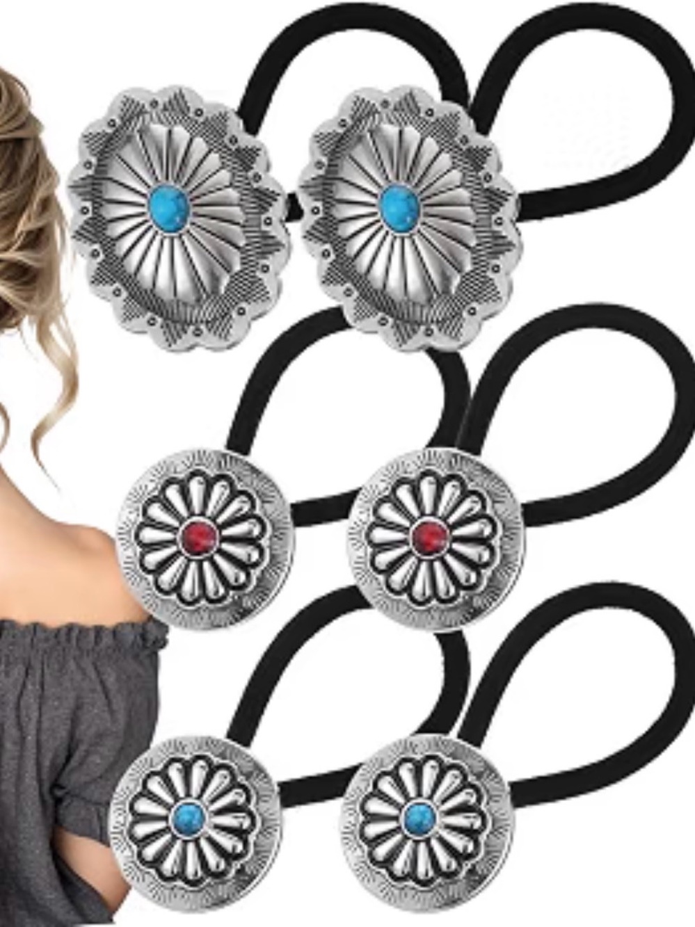 6 pcs set Western Style Hair Tie Alloy Turquoise Hair Ring 6 PC Silver-Tone NEW